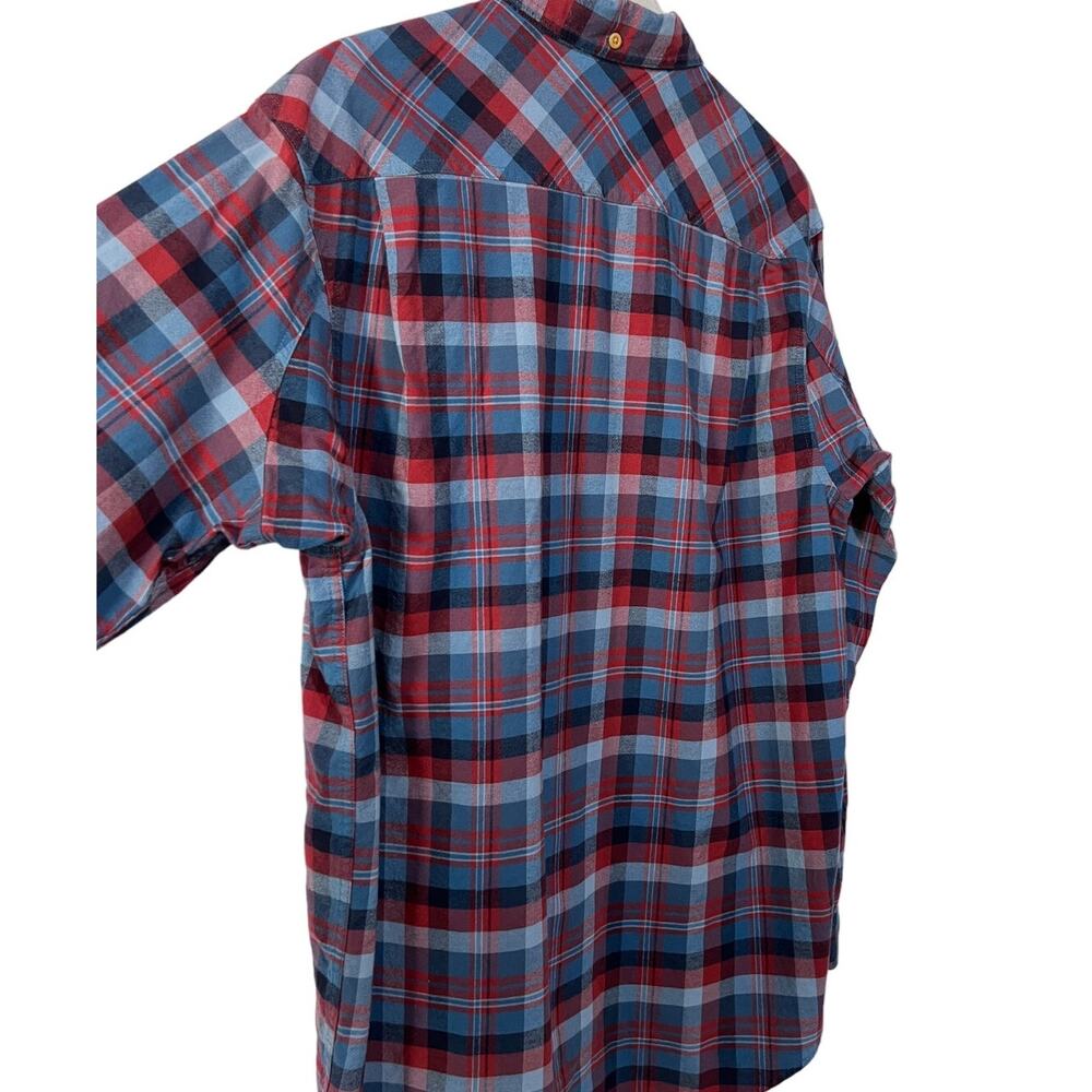 Duluth Trading Co Mens Large Free Swingin Flannel Trim Fit Shirt Blue Red Plaid - Picture 9 of 13